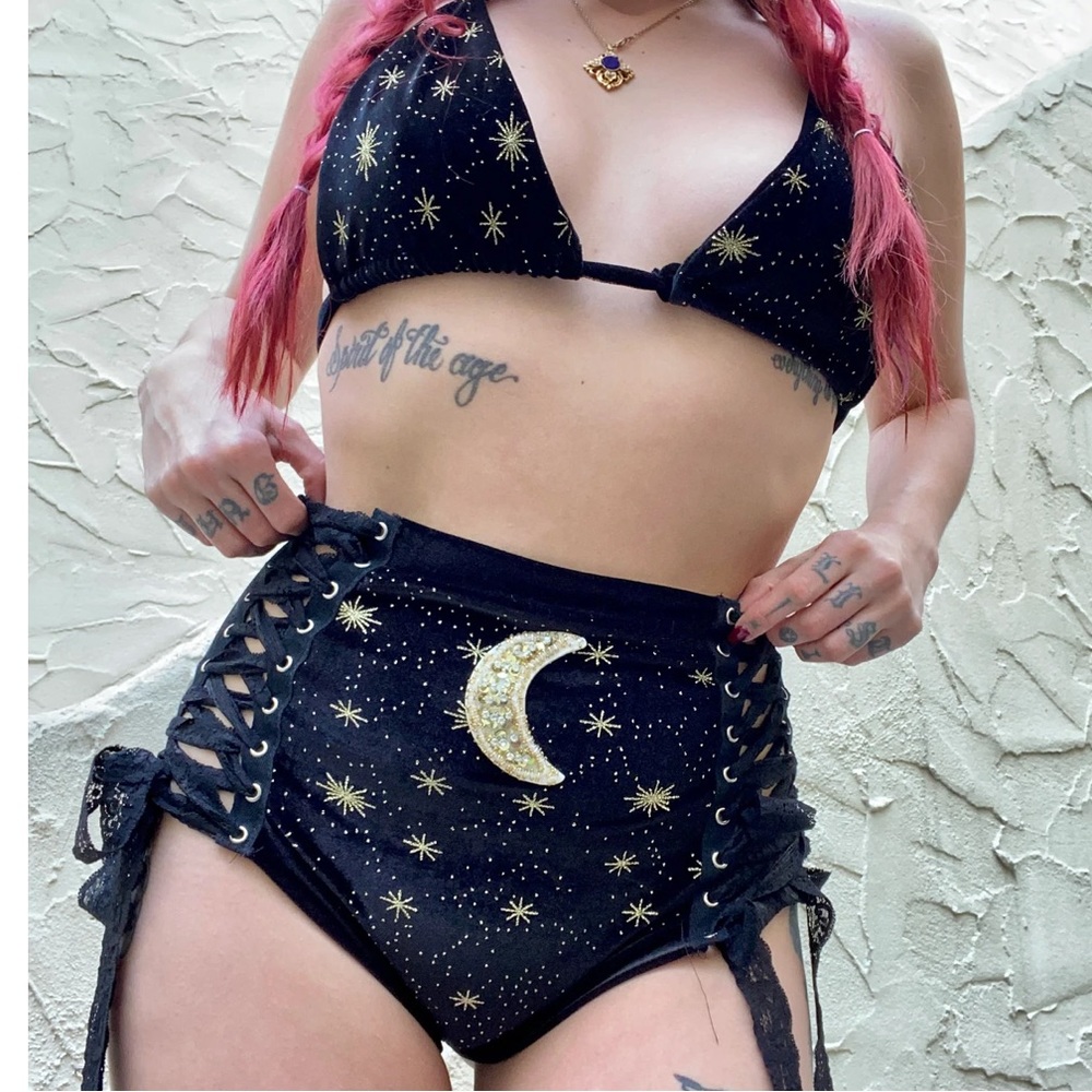 Celestial Lace-Up Bikini Set - Black & Gold
